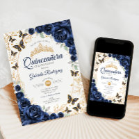 Quinceanera Florale Or Navy