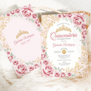 Invitation Quinceanera Florale Or Rose