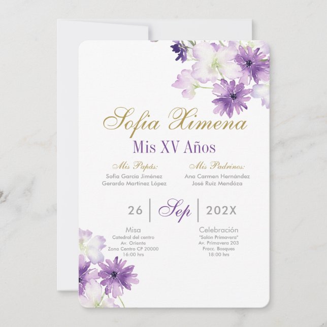 Invitation Quinceanera florale pourpre (Devant)