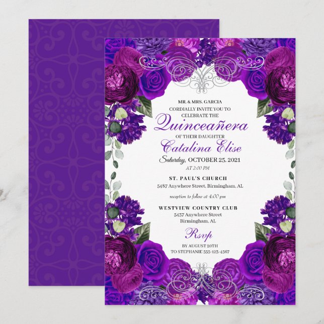 Invitation Quinceanera florale pourpre et argent (Devant / Derrière)