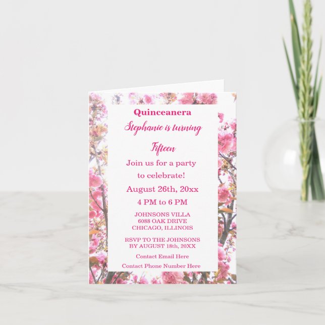 Invitation Quinceanera florale Quinzième anniversaire Cerise  (Devant)