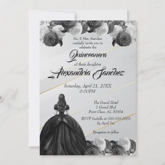 Invitation Quinceanera florale rayée en or noir et blanc