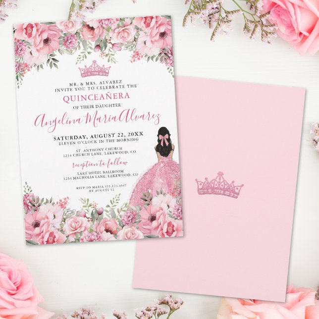 Invitation Quinceanera florale rose (Pink Rose Floral Quinceanera Invitation)