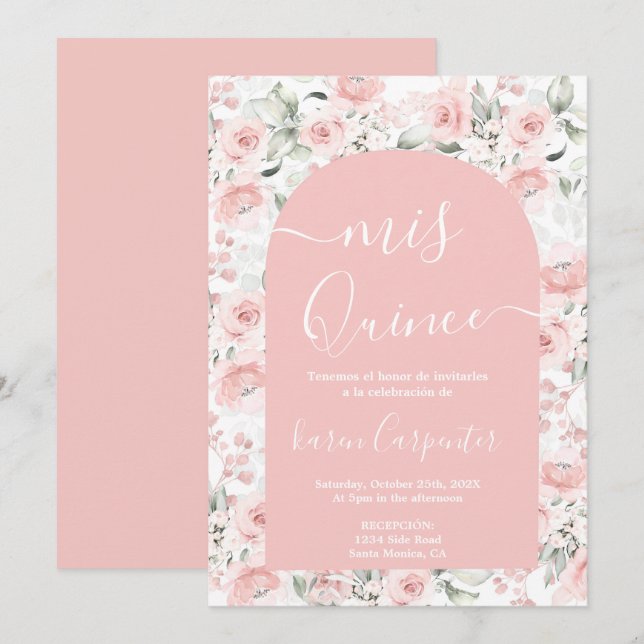 Invitation Quinceanera Florale Rose (Devant / Derrière)