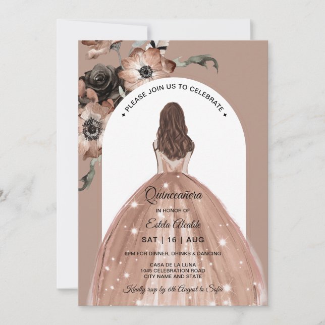 Invitation Quinceañera florale rose, Boho Quinceanera (Devant)