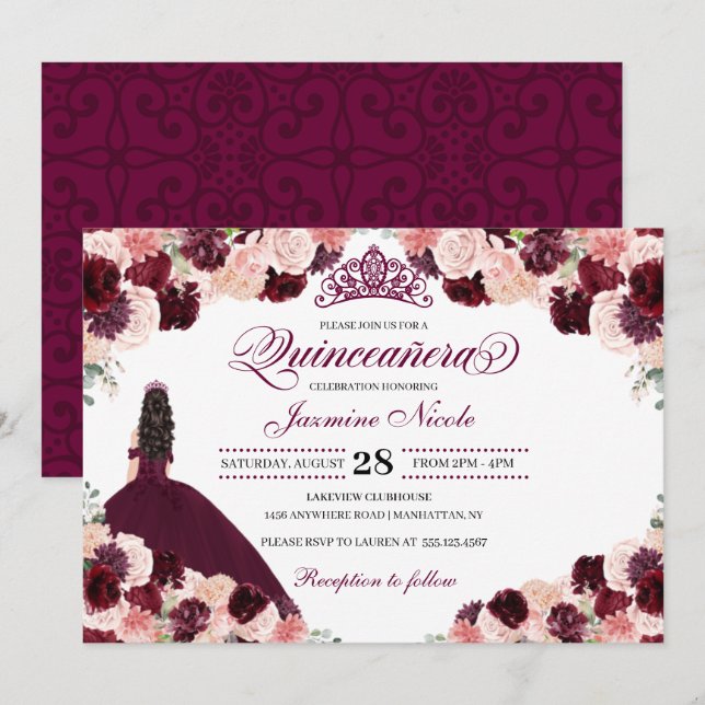Invitation Quinceanera Florale Rose Bourgogne Anniversaire En (Devant / Derrière)