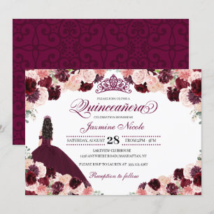 Invitation Quinceanera Florale Rose Bourgogne Anniversaire En
