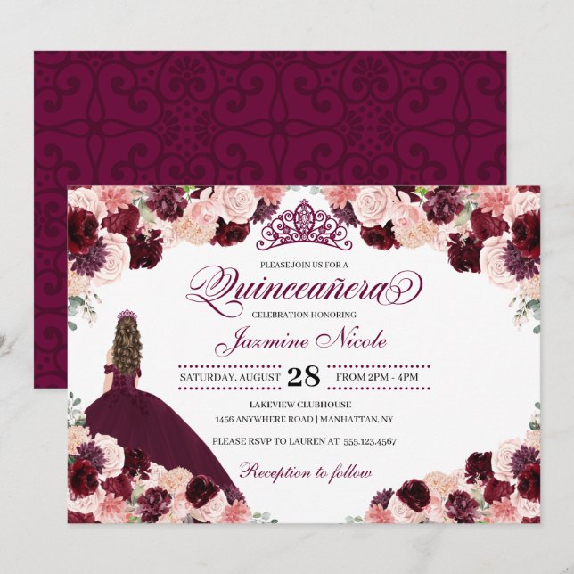 Invitation Quinceanera Florale Rose Bourgogne Anniversaire En (Devant / Derrière)