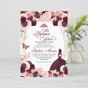 Invitation Quinceanera Florale Rose Bourgogne Anniversaire En
