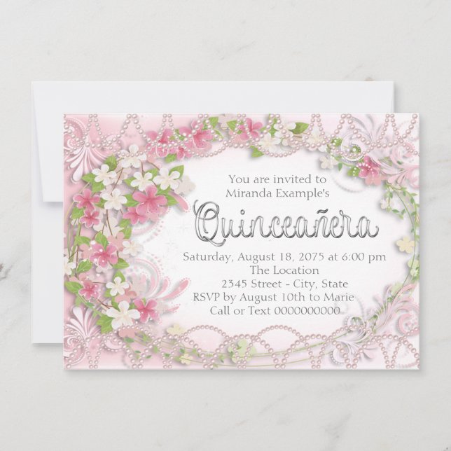 Invitation Quinceañera florale rose et grise (Devant)