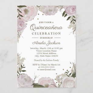 Invitation Quinceanera Florale rose or