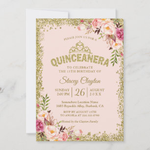 Invitation Quinceanera florale rose or bleu 15e anniversaire