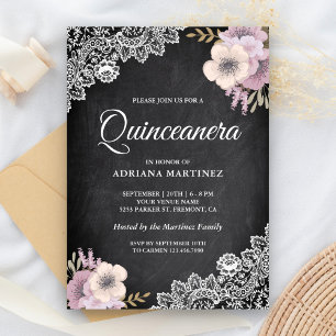 Invitation Quinceanera Florale Rose Pâle Dentelle Tableau Noi