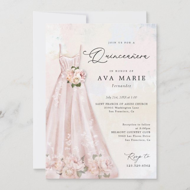 Invitation Quinceañera florale rose pâle Photo d'anniversaire (Devant)