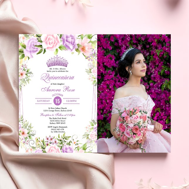 Invitation Quinceañera florale violette 15e anniversaire Phot (Créateur téléchargé)