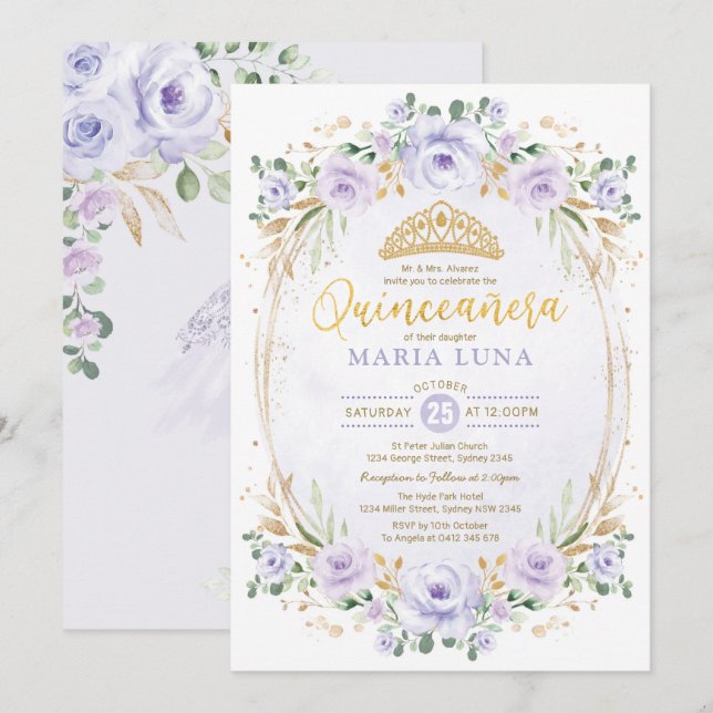 Invitation Quinceañera florale violette Mis Quince 15e annive (Devant / Derrière)