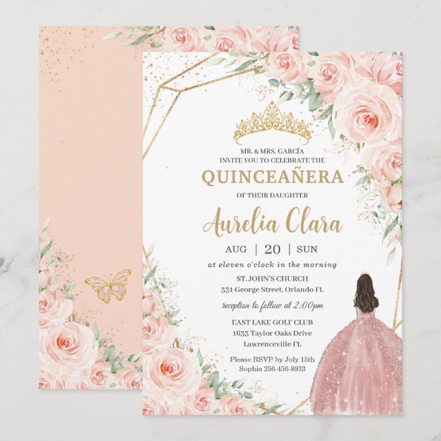 Invitation Quinceañera Flush Doux Flush Roses Couronne (Devant / Derrière)