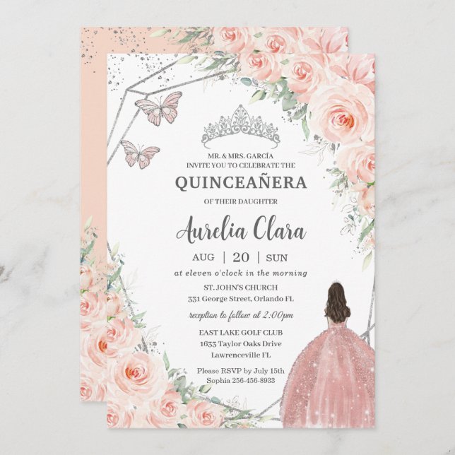 Invitation Quinceañera Flush Doux Roses Argent Couronne (Devant / Derrière)