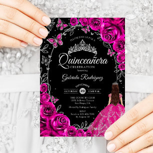 Invitation Quinceanera Fuchsia rose argent noir