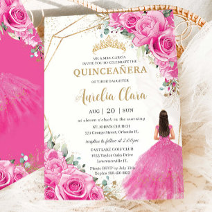 Invitation Quinceañera Fuchsia Rose Floral Princess Gold