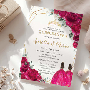 Invitation Quinceañera Fuchsia Rose Floral Twins Princesses