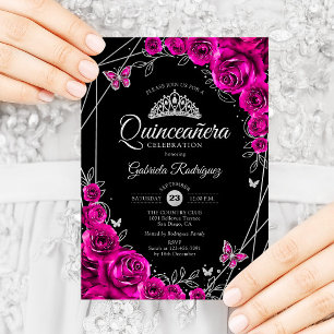 Invitation Quinceanera Fuchsia rose noir argent floral