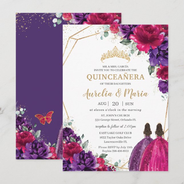 Invitation Quinceañera Fuchsia Violet foncé Floral Rose jumea (Devant / Derrière)