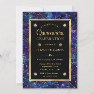 Invitation Quinceanera Galaxy Crystal Midnight Violet et Or