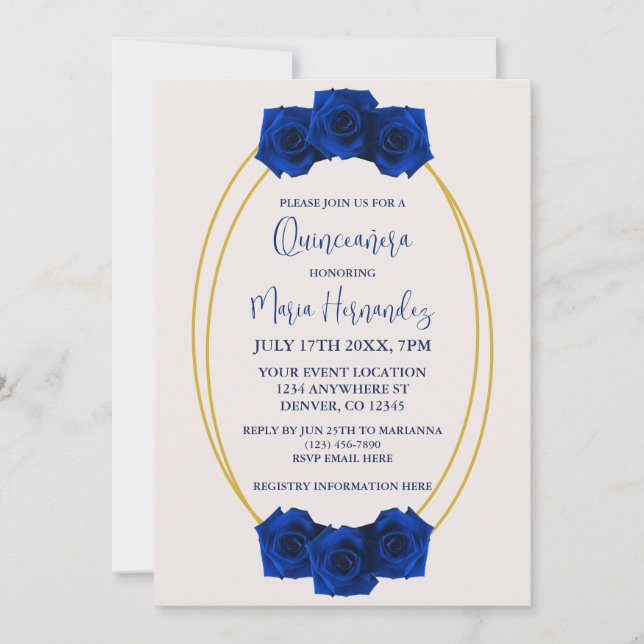 Invitation Quinceañera géométrique bleu royal et or (Devant)
