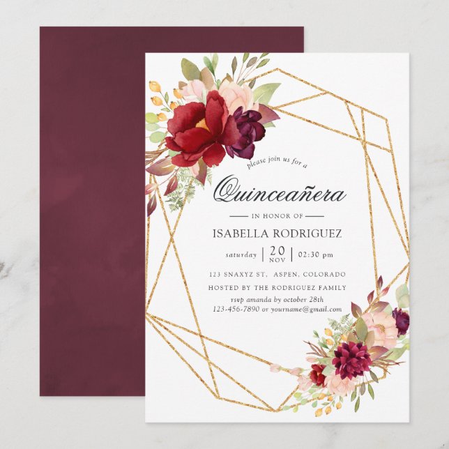Invitation Quinceañera géométrique de Boho bordeaux et bleu (Devant / Derrière)