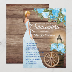 Invitation Quinceañera Girl - Baril de bois et fleurs bleues