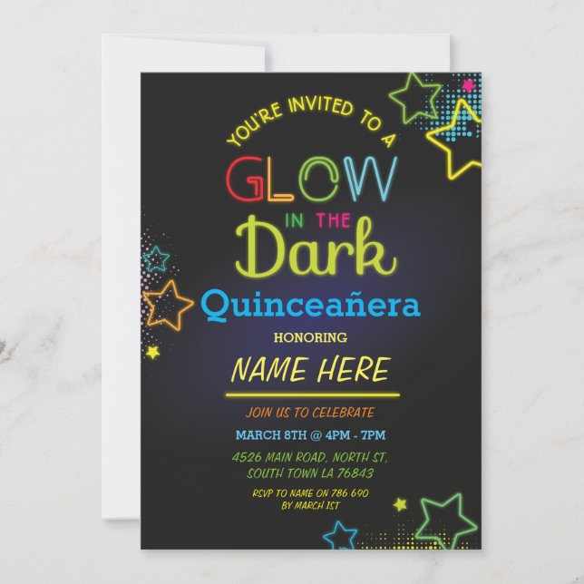 Invitation Quinceanera Glow Dans La Fête Du Nouvel Anniversai (Devant)
