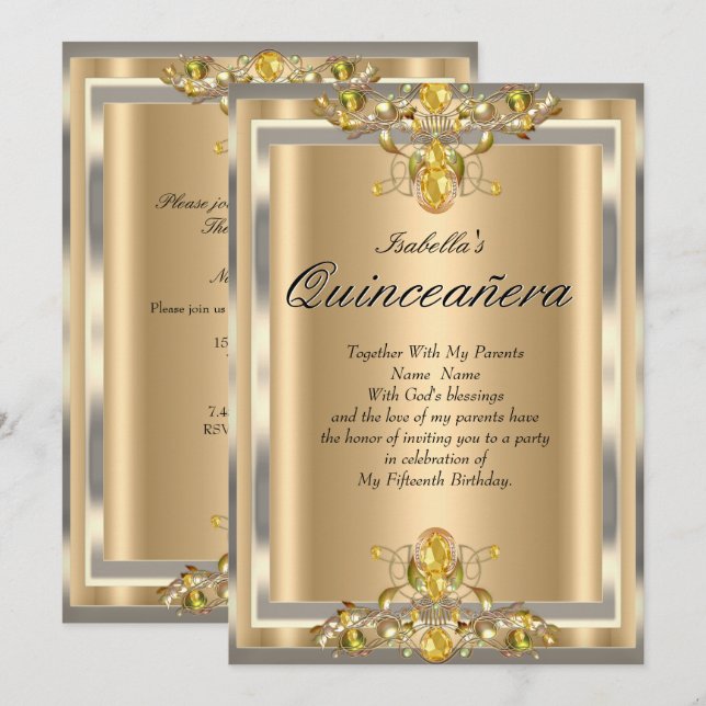 Invitation Quinceanera Gold Beige Jaune Gemmes 15 Anniversair (Devant / Derrière)