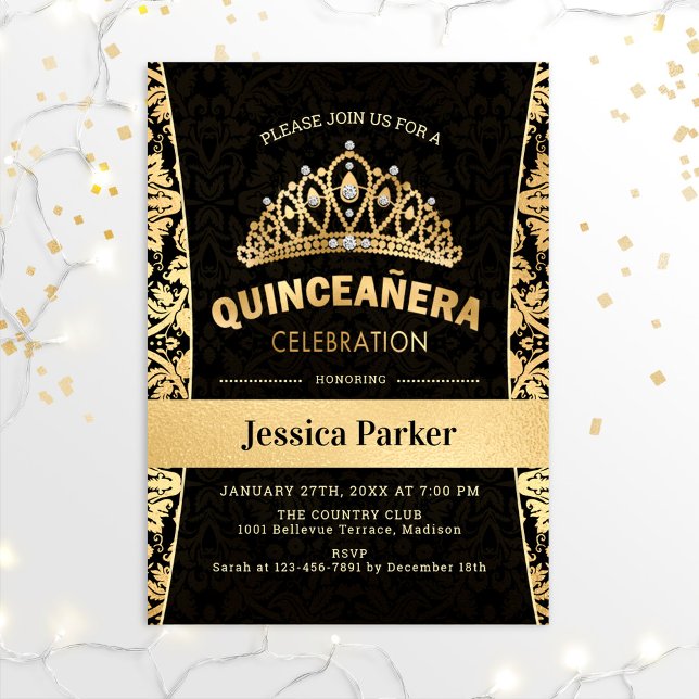 Invitation Quinceanera Gold Black Elegant (Créateur téléchargé)