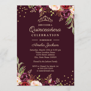 Invitation Quinceanera Gold Bourgogne floral Éperche