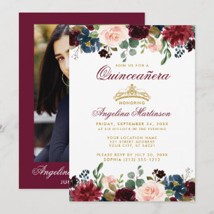Invitation Quinceanera Gold Couronne Bourgogne bleu floral ph