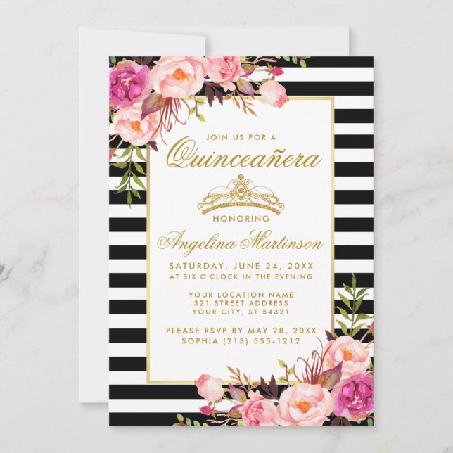 Invitation Quinceanera Gold Couronne rose rayures florales (Devant)