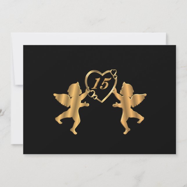 Invitation Quinceanera Gold cupides sur noir pour 15e anniver (Devant)