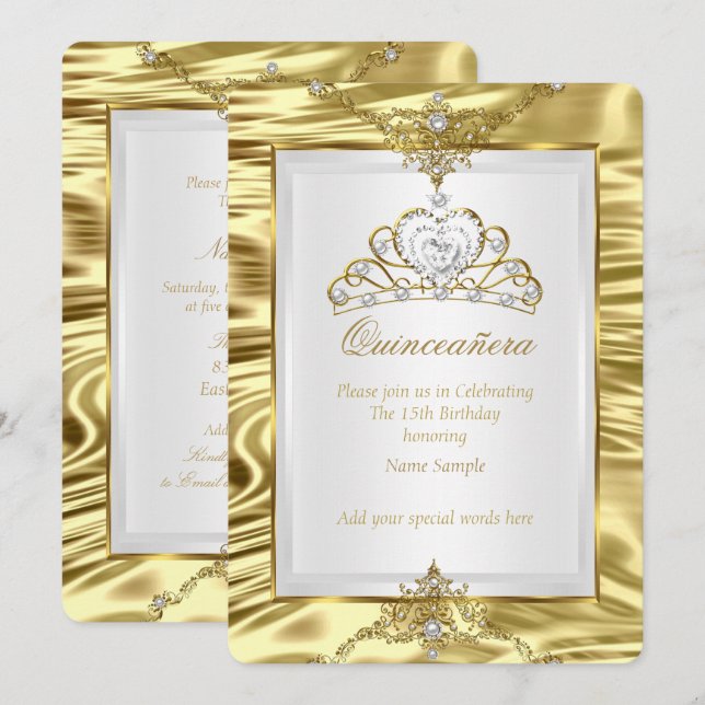 Invitation Quinceanera Gold Faux Foil White Pearl Tiara (Devant / Derrière)