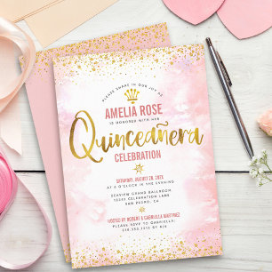 Invitation Quinceañera Gold Foil Blush Pink Aquarelle Chic