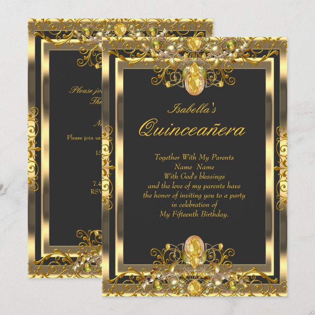 Invitation Quinceanera Gold Gems Noir 15e anniversaire (Devant / Derrière)