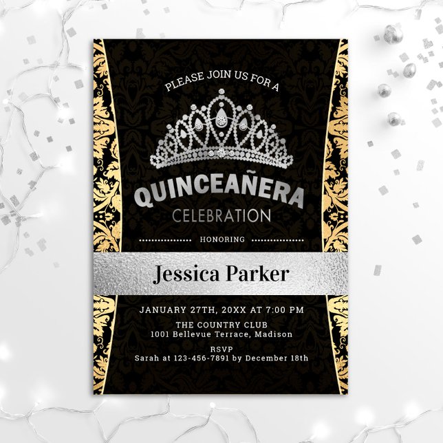 Invitation Quinceanera Gold Silver Noir (Créateur téléchargé)