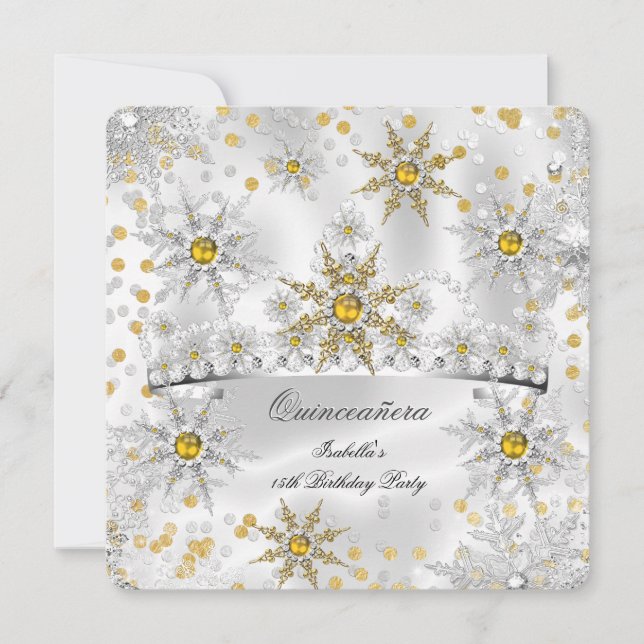 Invitation Quinceanera Gold Silver Snow Winter Wonderland (Devant)