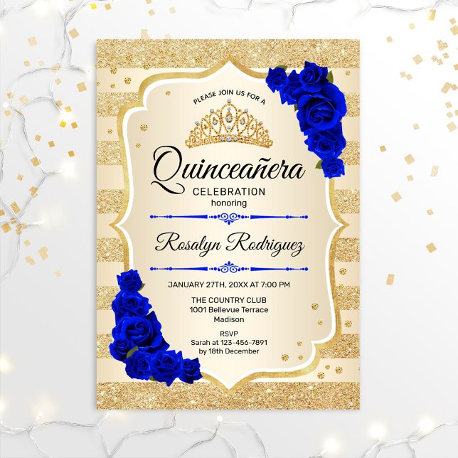 Invitation Quinceanera - Gold Stripes Royal Blue (Créateur téléchargé)