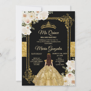 Invitation Quinceanera Gold & White Floral Couronne d'anniver
