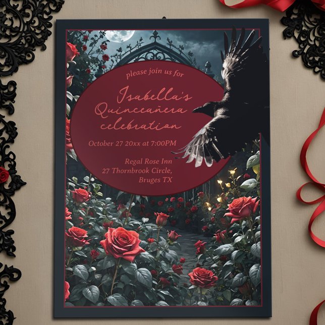 Invitation Quinceanera gothique Rose rouge foncé Jardin et co (Gothic quinceanera dark romance birthday invitation with  full moon, red rose garden and black raven)