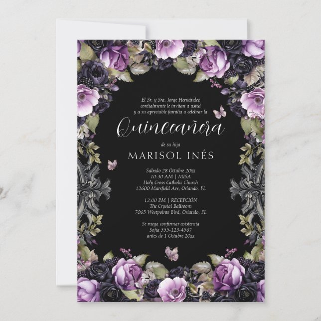 Invitation Quinceañera Gótica Morada y Negra con Flores Moody (Devant)