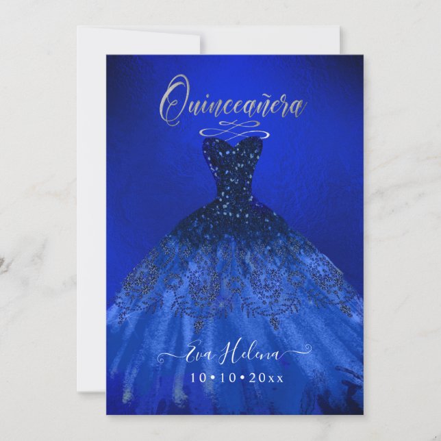 Invitation Quinceañera, Gown étincelante, bleu électrique (Devant)