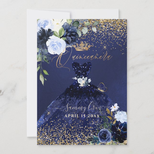 Invitation Quinceanera H2 Marine Blue Robe Parties scintillan (Devant)