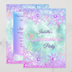 Invitation Quinceanera hiver Turquoise bleu pourpre rose